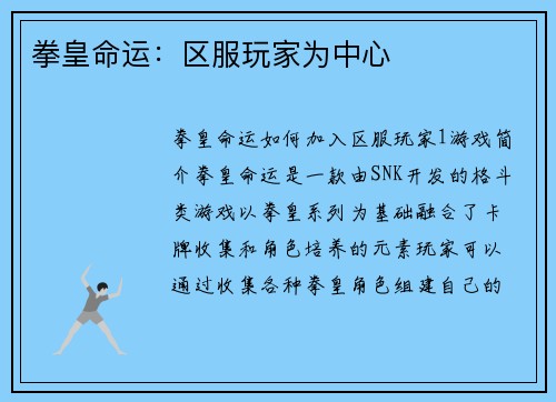 拳皇命运:区服玩家为中心