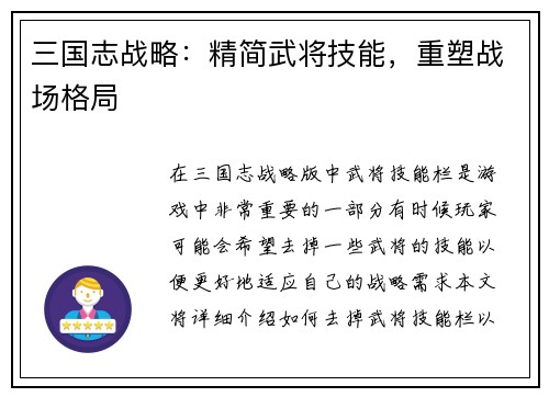 三国志战略:精简武将技能,重塑战场格局