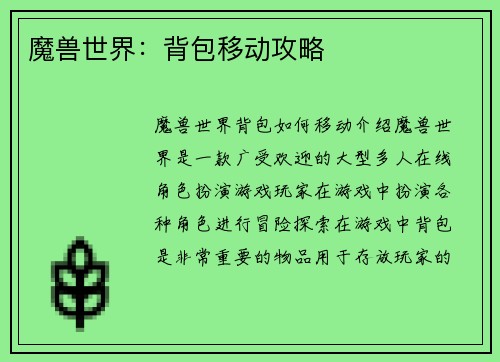 魔兽世界：背包移动攻略